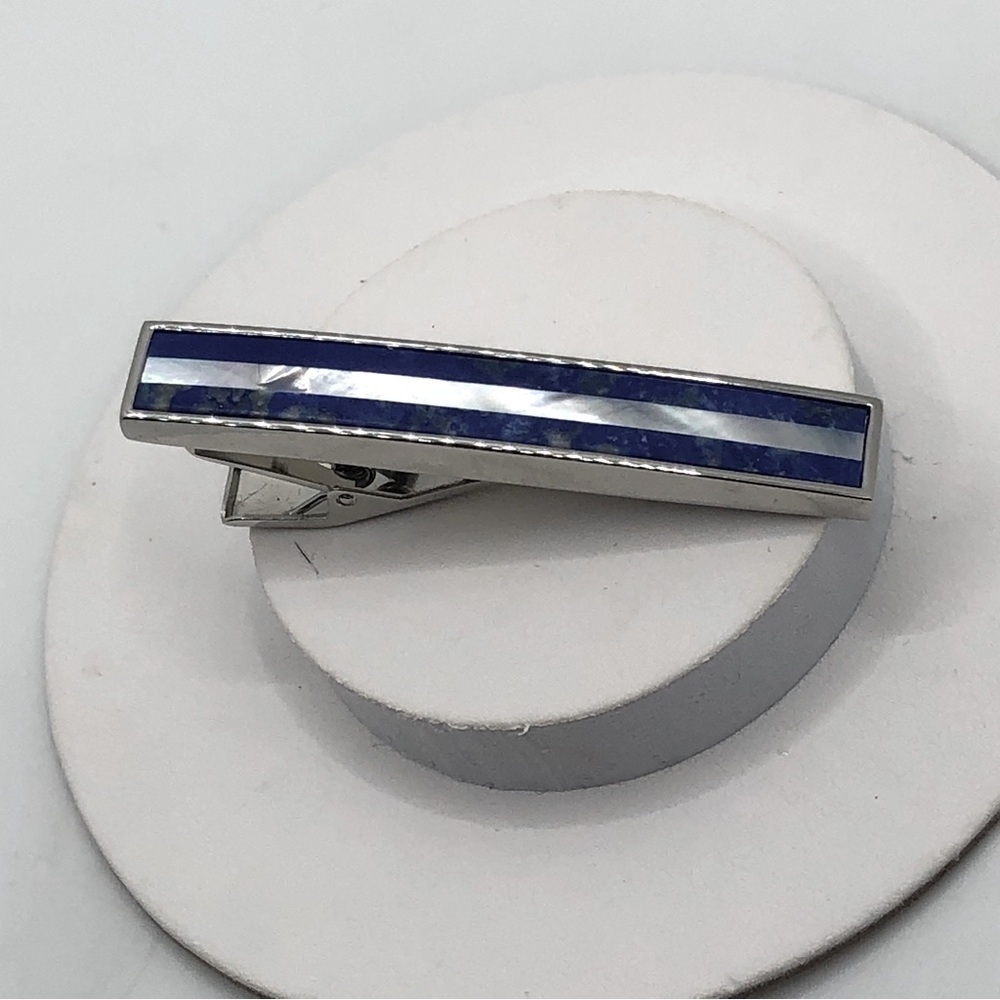 Vtg Lapis & MOP Mother Of Pearl Inlay Silver Tone Tie Bar Clip 2.1” x .4”